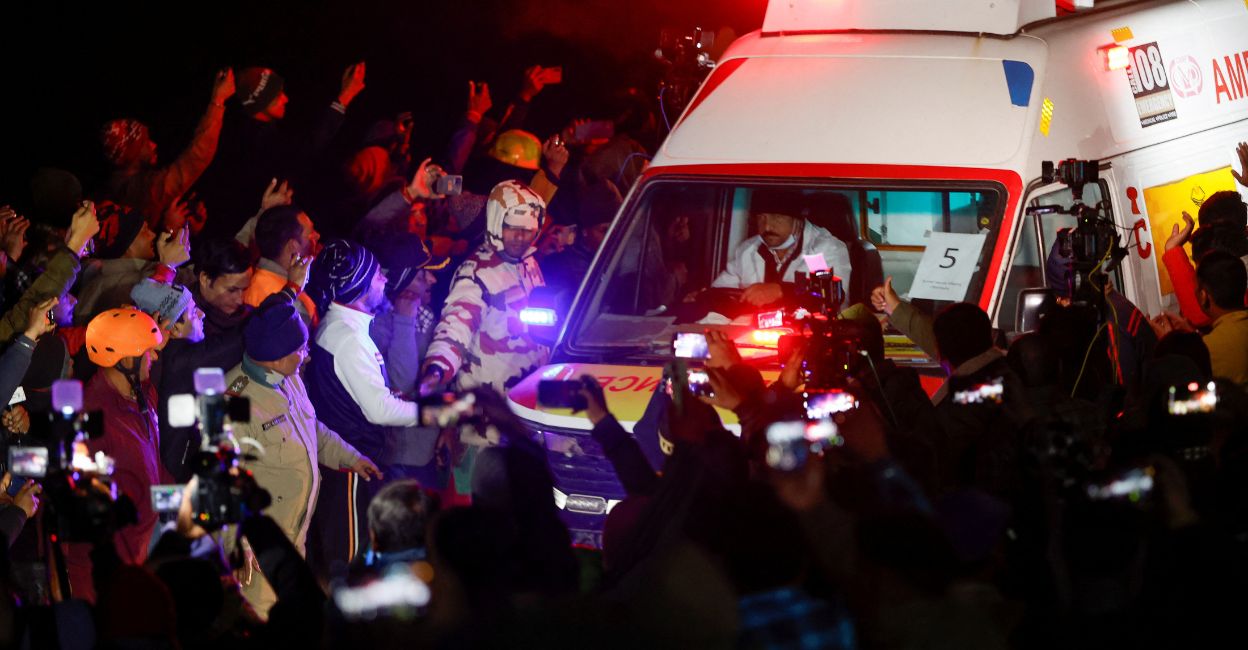 An ambulance carries survivors as rescue operations are underway to rescue trapped workers after a tunnel collapsed, in Uttarkashi on November 28, 2023. Photo: Reuters/Francis Mascarenhas
